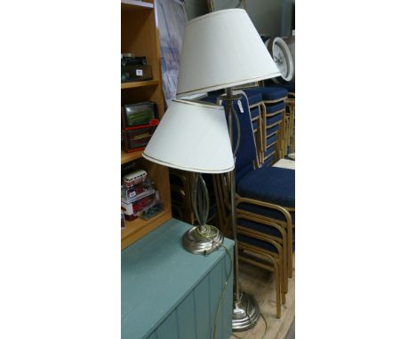 Tall gilt metal standard lamp with cream shade and a similar table lamp