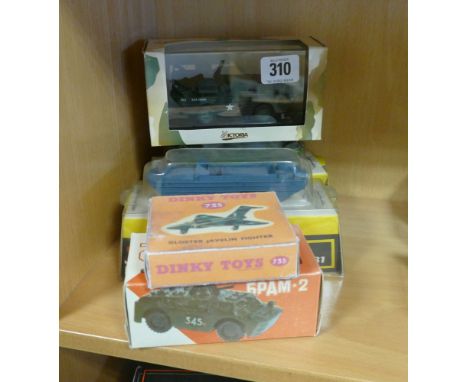 Dinky 735 Javelin Fighter and other collectors boxed scale models, East European scout car, Gloster javelin fighter, DUKW amp