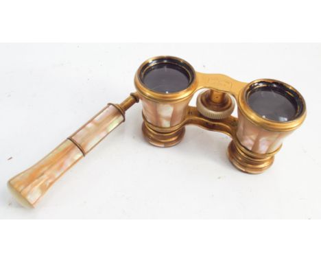 Pair of Paris made mother of pearl & gilt metal opera glasses by Deraisne