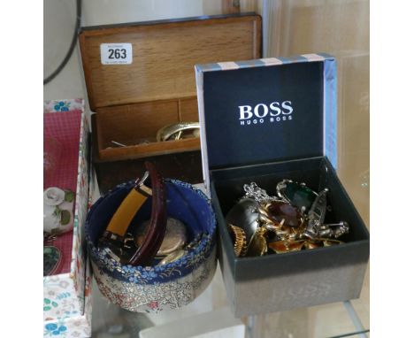 Large quantity of costume jewellery, brooches, gents Timex wristwatch, gold plated pocket watch, shirt studs etc.