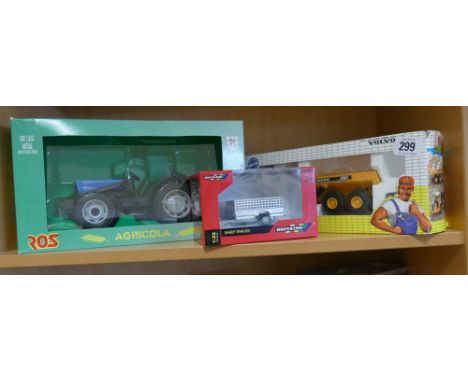 Ross die cast metal tractor, Britain's sheep trailer and a Volvo compact dump truck in box (as new) 