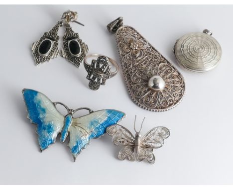 Silver pendants, silver & onyx earrings, silver and marcasite ring and 2 butterfly brooches - 6 items in the lot