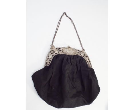 Ladies black fabric & silver mounted evening bag, stamped 800