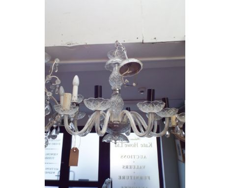 8 branch glass chandelier with glass column and silvered/chrome fittingd