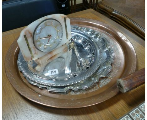 Circular copper tray, 3 plated trays, serving spoons and a marble mantle clock