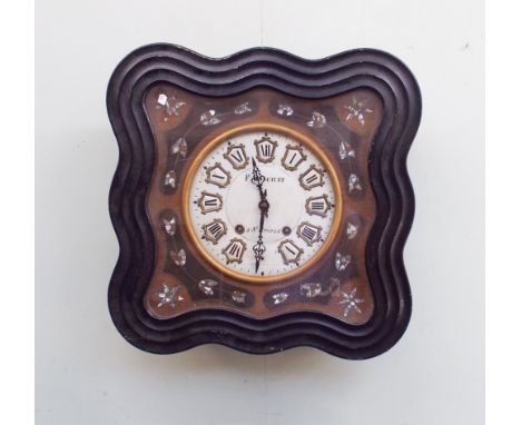 French square striking mantle clock with white dial and mother of pearl mounts