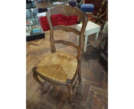 Set of 6 French oak ladder back dining chairs with rush seats virtually matching the table