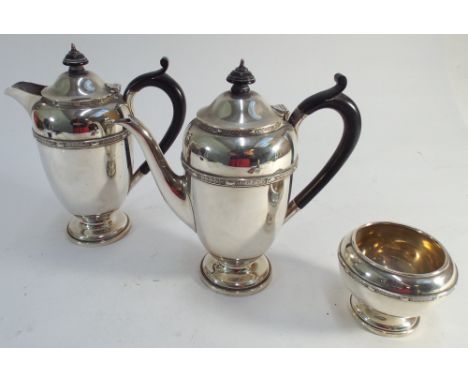 Hallmarked Sheffield silver cafe au lait pot matching hot water jug and a sugar basin - Gross weight all in approximately 26 