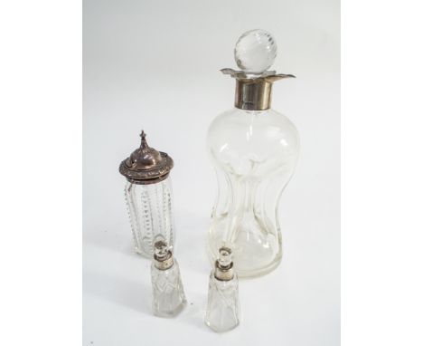 Dimple glass decanter with silver collar, cut glass and silver mounted pickle jar and a pair of small table top scent bottles