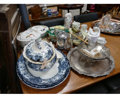 Blue & white tureen, meat plates, Royal Worcester tureens, plated items, sundry china etc.