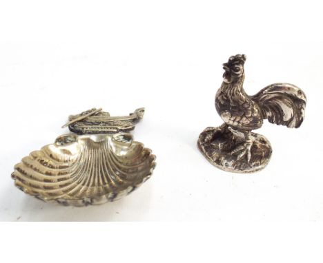Continental white metal caddy spoon with shell shaped bowl and Venetian style gondola mount & a miniature white metal model o