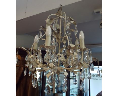 10 branch cream leaf patterned and glass lustre chandelier in a shabby chic French style