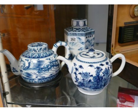 2 Chinese blue & white teapots and a hexagonal blue & white tea caddy