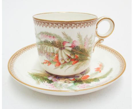 Royal Worcester cabinet cup and saucer, hand painted with British flowers and heather sprays,   Firing crack to base of cup.