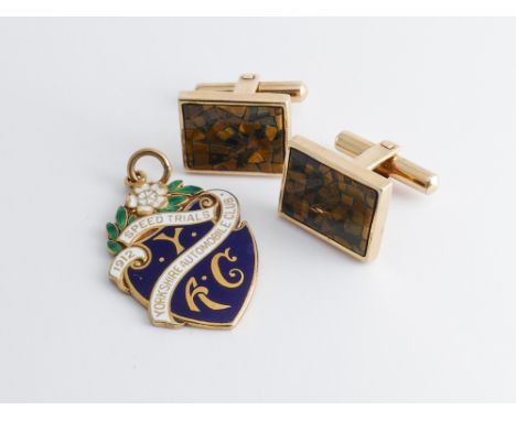 pair of 14 ct yellow gold cuff links set with rectangular mosaic panel of tigers eye and a 9ct gold enamelled medallion - Yor