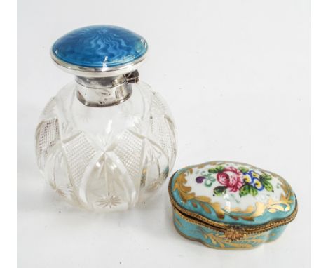 Cut glass and silver mounted dressing table bottle with blue enamel lid and a small enamel trinket box   Condition - enamel d