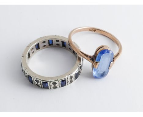 9ct white gold full eternity ring set sapphires and white stones, together with a 9ct gold blue stone ring. Both approx ring 