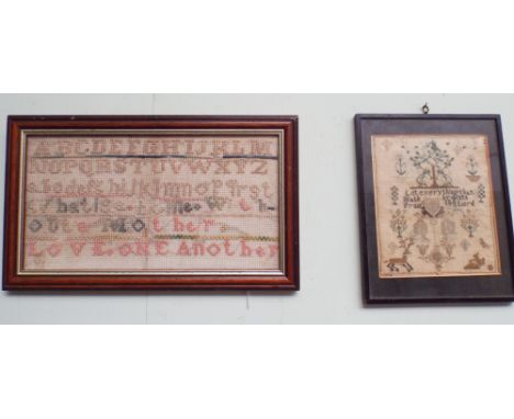 Small needlework sampler and a wool work sampler  Wool work sampler is faded, and the other has stitched up repairs