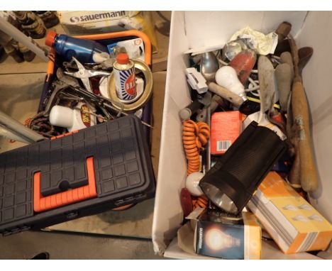 Two containers of household tools garden items and light bulbs and a small tool box 
