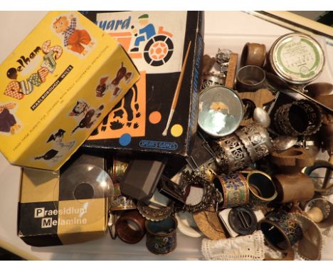 Tray of collectables including napkin rings coasters nut crackers pens vestas enamel ware etc 