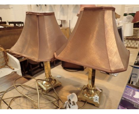 Pair of brass table lamps with six sided columns on a square four footed base  CONDITION REPORT: The electrical items include