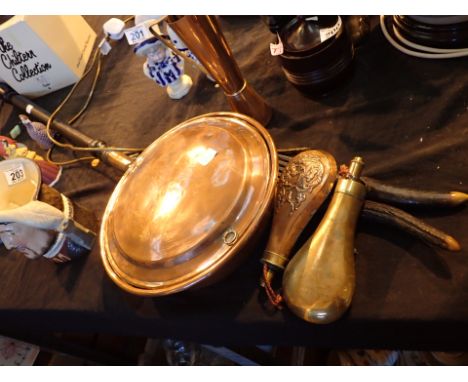 Set of native arrows horn handled serving knife and fork two powder flasks and copper jug and bed pan 