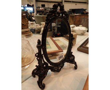 Small freestanding black painted metal dressing table mirror