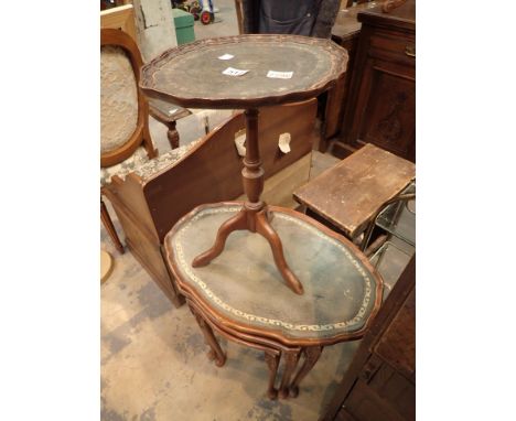 Nest of three mahogany tables with leather top and similar wine table 