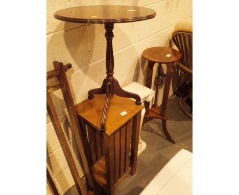 Two wooden plant stands a ceramic example and a modern tilt top table