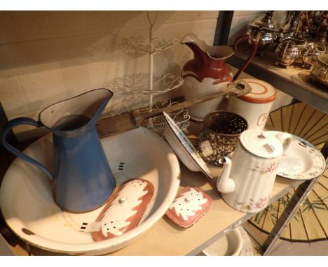 Collection of enamelware bowl jugs teapot etc 