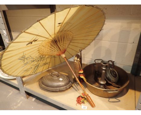 Collection of copper etc including a parasol and a bugle