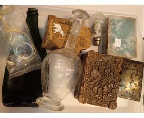 Mixed lot to include puzzle box decorative brass box flat glass bottls ship in a bulb compass and book ends 