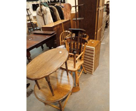 Collection of mixed furniture including half moon table with painted Oriental scene chairs and oak occasional tables 