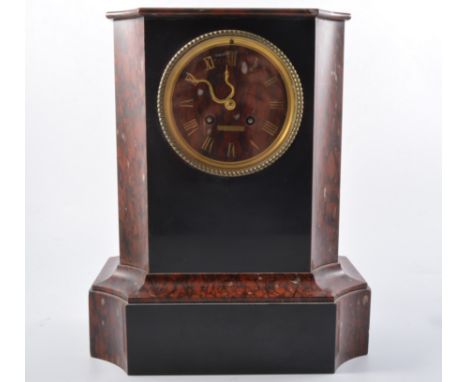 French rouge and black marble mantel clock, plinth shape casing, signed Hy MARC A PARIS, serpent hands, cylinder movement str