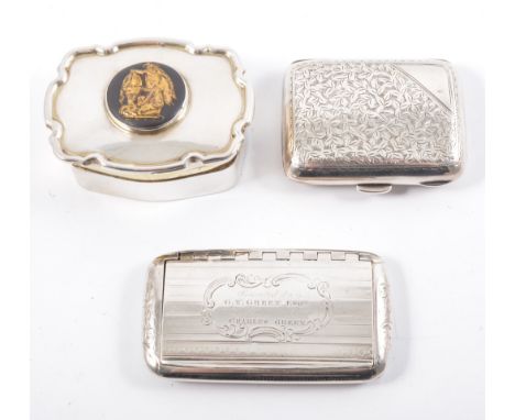 A small silver trinket box with raised shaped border and a classical black and gilt medallion to centre, 6.7cm x 5cm, frost g