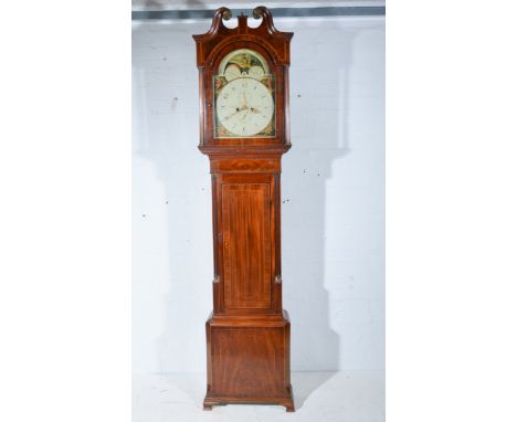 Mahogany longcase clock, the hood with a swan neck pediment, turned and fluted columns, long door flanked by quarter fluted c