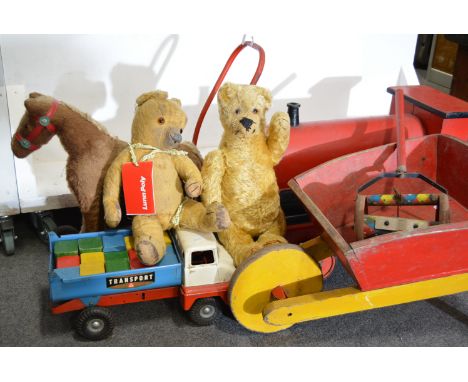 A collection of vintage toys, a Tri-ang "Transport" lorry with white cab and blue and red flat bed containing wooden bricks, 