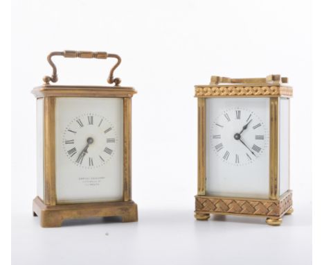 French brass cased carriage clock, with lightly reeded trellis work, white enamelled dial, platform escapement, 14cm; and ano