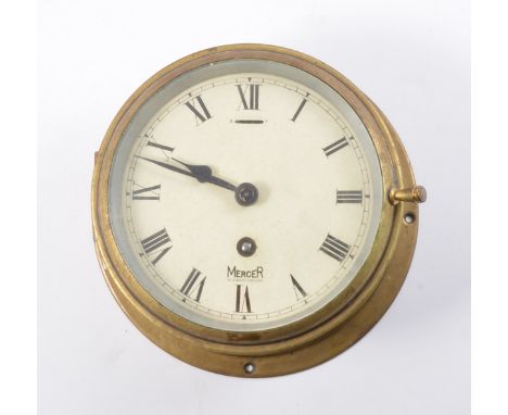 Brass cased ship's wall clock, white enamelled dial, signed Mercer, St. Albans England, diameter 20cm.