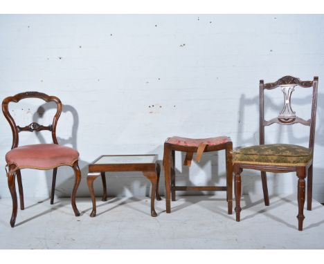 Two Victorian carved chairs, together with an oak stool and another tapestry inset occassional table (4)