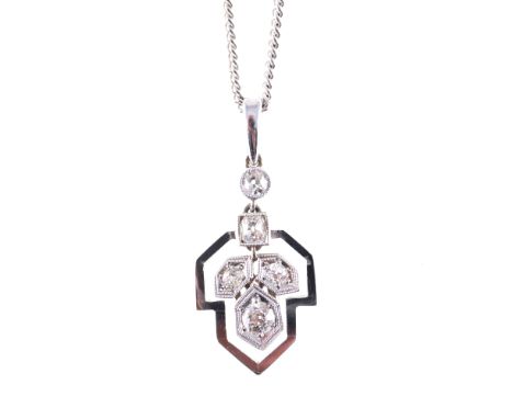 A diamond pendant on a chain, five old brilliant cut diamonds pip claw and milgrain set in an all white metal frame 25mm long
