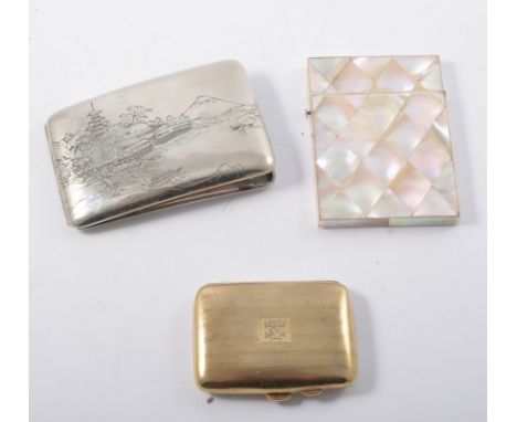 A mother-of-pearl card case, diamond shape sections, overall 10.5cm x 7.5cm, a Japanese white metal cigarette case engraved o