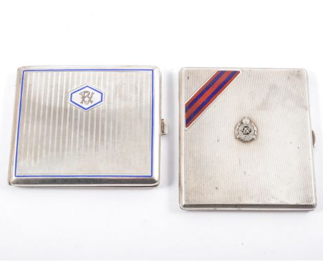 Two silver cigarette cases, an engine turned case with the crest and enamel colours of the Royal Engineers, 8cm x 9cm, hallma