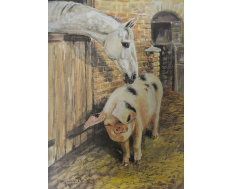 After Joy Hawken, four signed limited edition prints, "Oak Tree and Rape Field" 18/750, 38cm x 56cm, horse in a stable with a