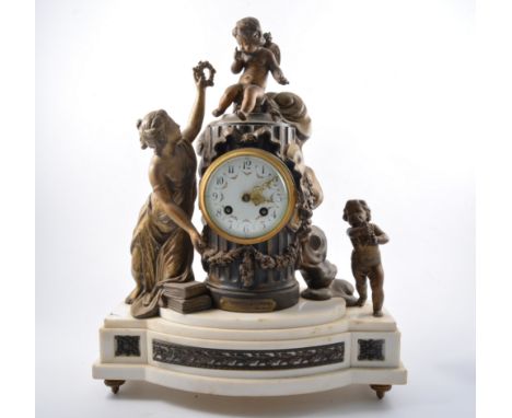 Late 19th Century French marble and gilt spelter mantel clock, circular enamelled dial, French cylinder movement, striking on