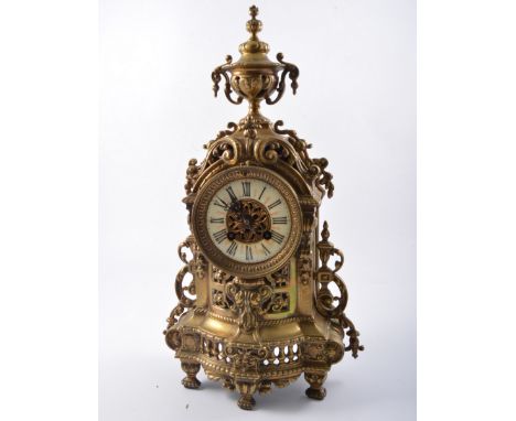 French cast brass mantel clock, ivorine chapter ring, French cylinder movement, striking on a bell, 43cm.