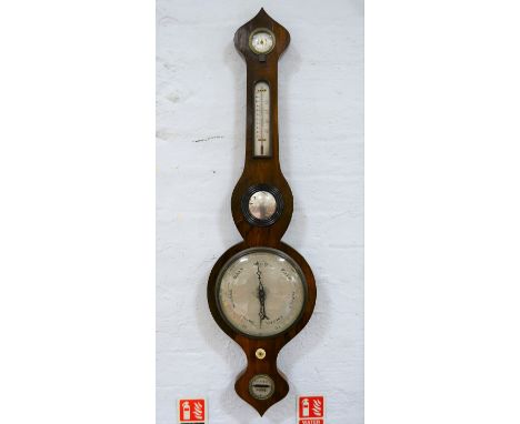 Victorian rosewood banjo shaped barometer, signed P.A.Kelly, Louth, silvered dials, 96cm.