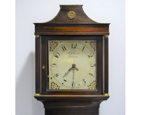 Oak and mahogany longcase clock, swan-neck pediment, hood with turned supports, short door flanked by quarter columns, bracke