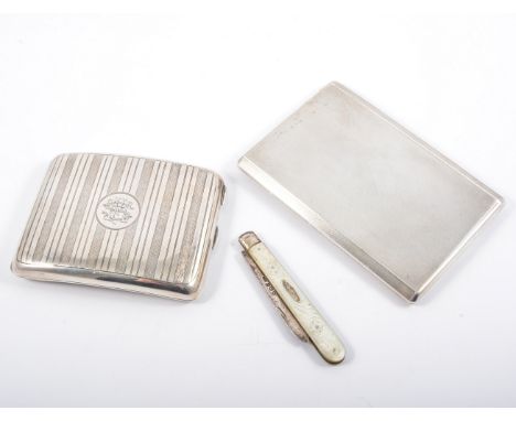 Victorian silver and mother of pearl faced penknife, Sheffield 1895, 9cm, a silver cigarette case, Birmingham 1924, engine-tu