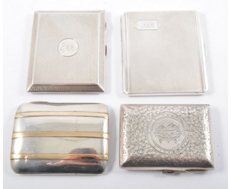 Four silver cigarette cases, a barley engine turned case, 7.5cm x 8.5cm, hallmarked Birmingham 1939, approximate weight 3oz, 